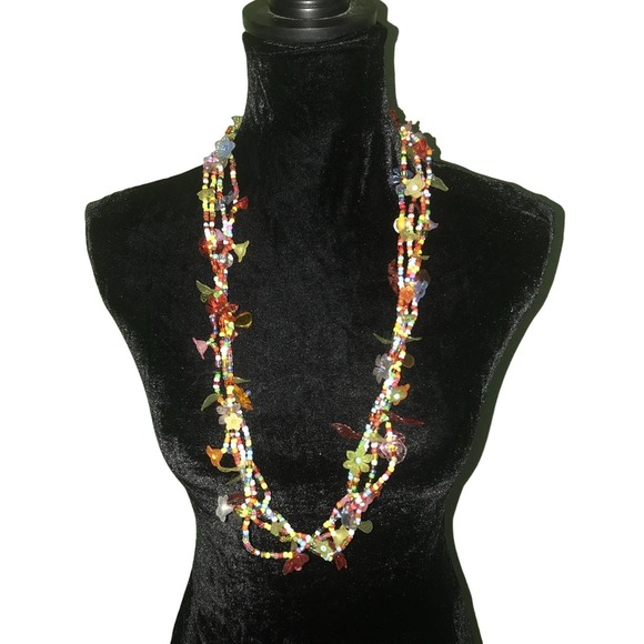 RAINBOW MULTISTRAND FLORAL BOLD FUN ARTISTIC BOHO LONG NECKLACE - Picture 1 of 2